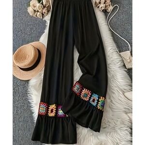 Black Crochet Trim Straight Leg Pants